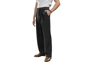 PLEPAN Men's Relaxed Fit Casual Dress Pants Expandable Waist Pleated Front Wide Leg Trousers