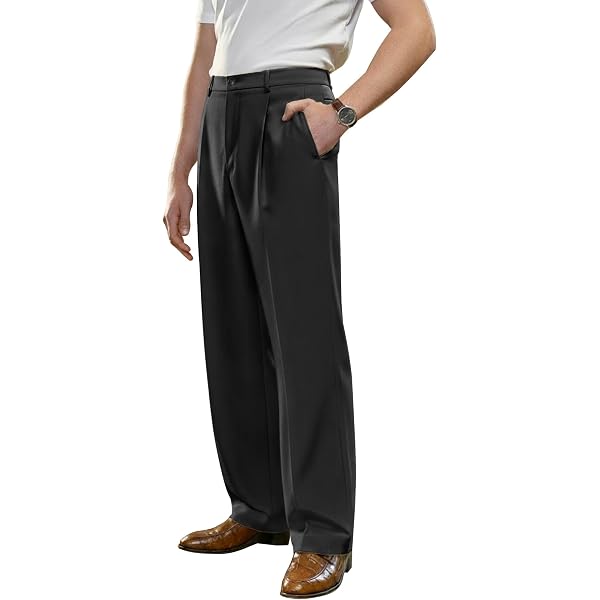 Men's Work Pants Men's No Iron Pleated Dress Pants Expandable Waist Regular  Fit Premium Front Zip Pants