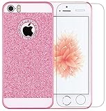 Iphone SE Case, A-Focus Bling Sparkle Glitter Crystal Rhinestone Hybrid Hard PC Cover Case + Tempered Glass Screen Protector for Iphone SE (Bling Pink)