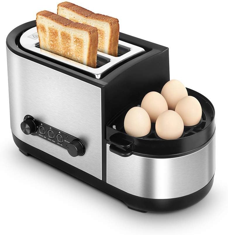 GSAGJmbj Toaster, 5-in-1 Toaster with Egg Boiler and Poachers, 2 Slice Toaster with Mini Frying Pan, Steamer, 7 Modes of Browning Control, 1250 W, Stainless Steel Silver