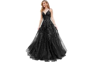 PEIYJYUSP Glitter Tulle Prom Dresses Long Ball Gown Lace Appliques V Neck Prom Dress for Women Formal Evening Party Gown