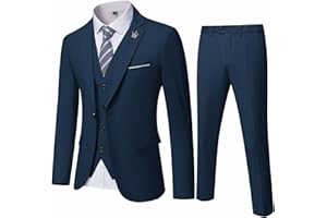 Hihawk Men's 3 Piece Suit with Stretch Fabric, Solid Slim Fit One Button Suit Blazer Set, Jacket Vest Pants with Tie.