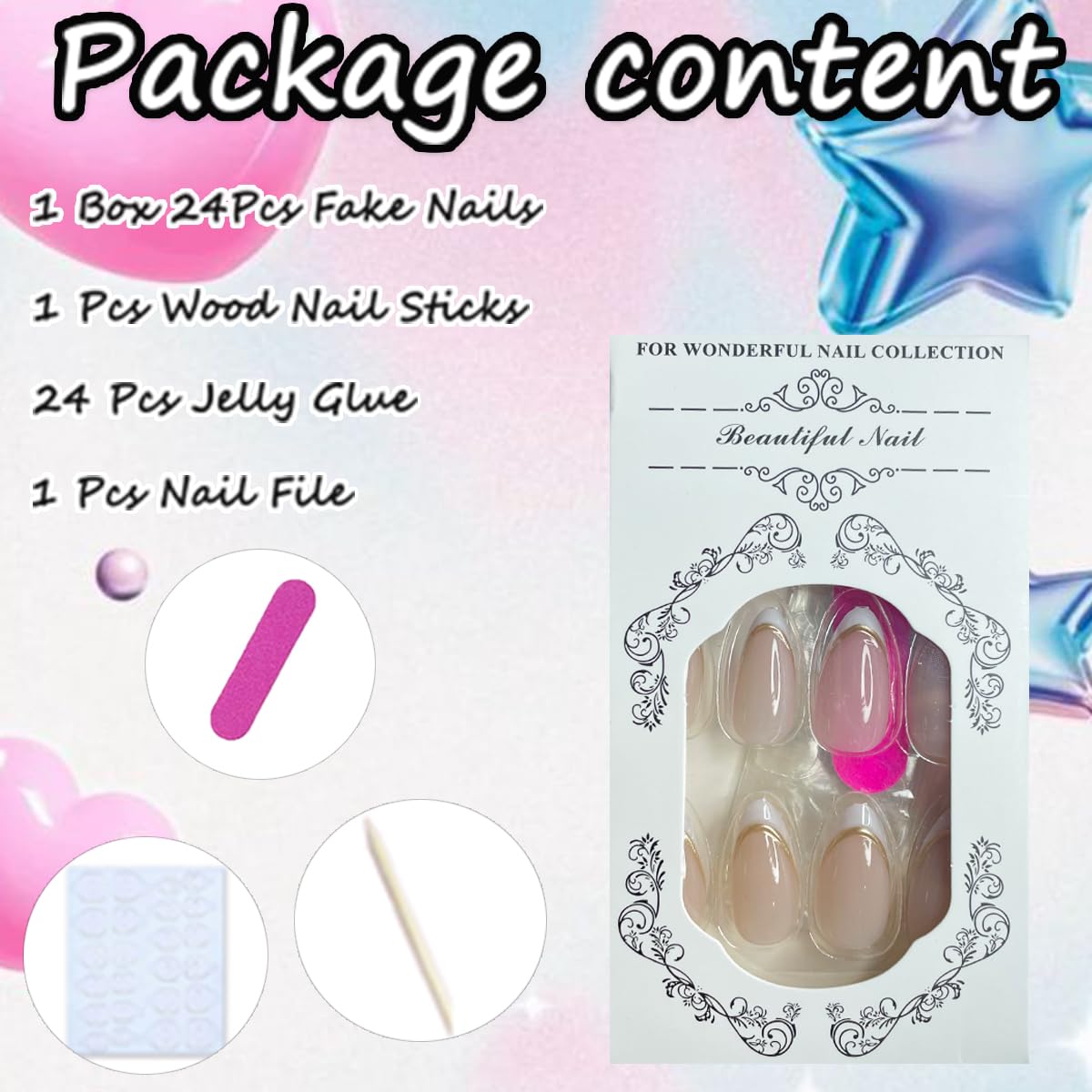 Almond Press on Nails Short White French Tip Fake Nails with Chrome Gold Line Designs Glossy Full Cover Glue on Nails Almond Shape Acrylic Nails French False Nails for Women Girls Manicure 24Pcs - Image 6