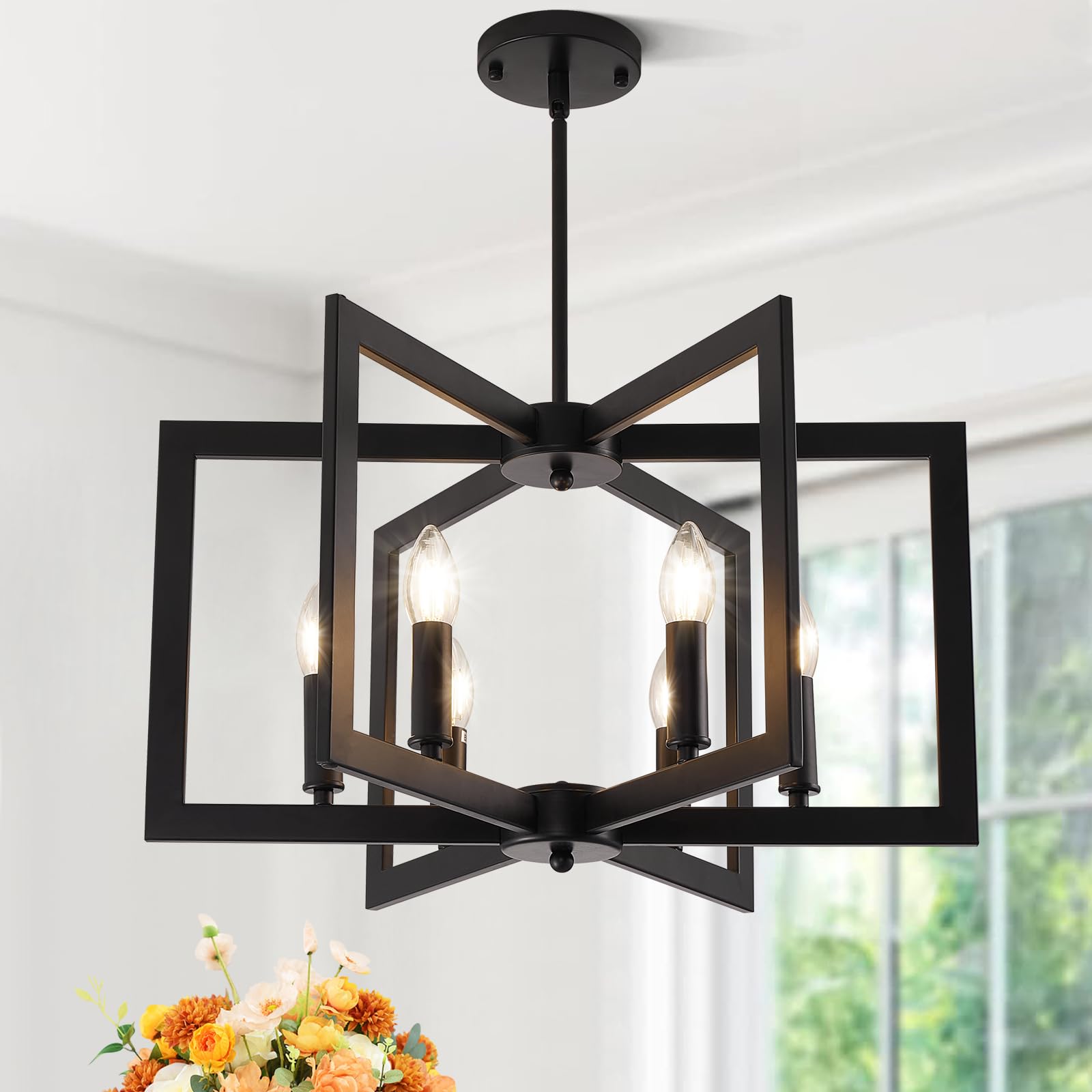 Photo 1 of 21.6" Modern Black Chandelier for Dining Room, 6-Light Easy To Install Farmhouse Dining Room Light Fixture Over Table, Industrial Metal Hanging Pendant Lights for Kitchen Island, Foyer, Entryway