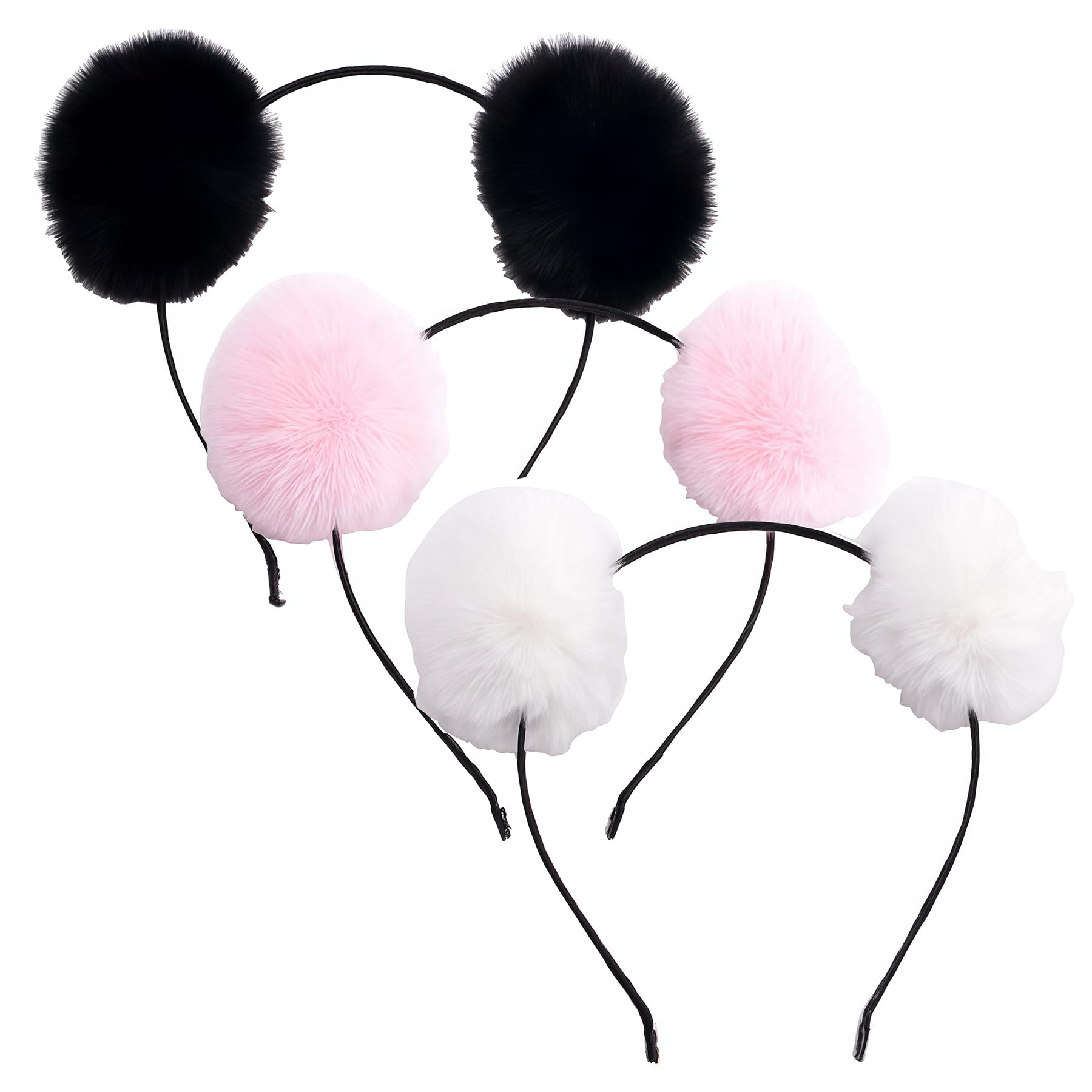 ericotry 3PCS Pompom Ball Cat Ear Headband Cute Fluffy Ball Hair Hoop for Cosplay Party Costume Hair Accessories (Black+White+Pink)