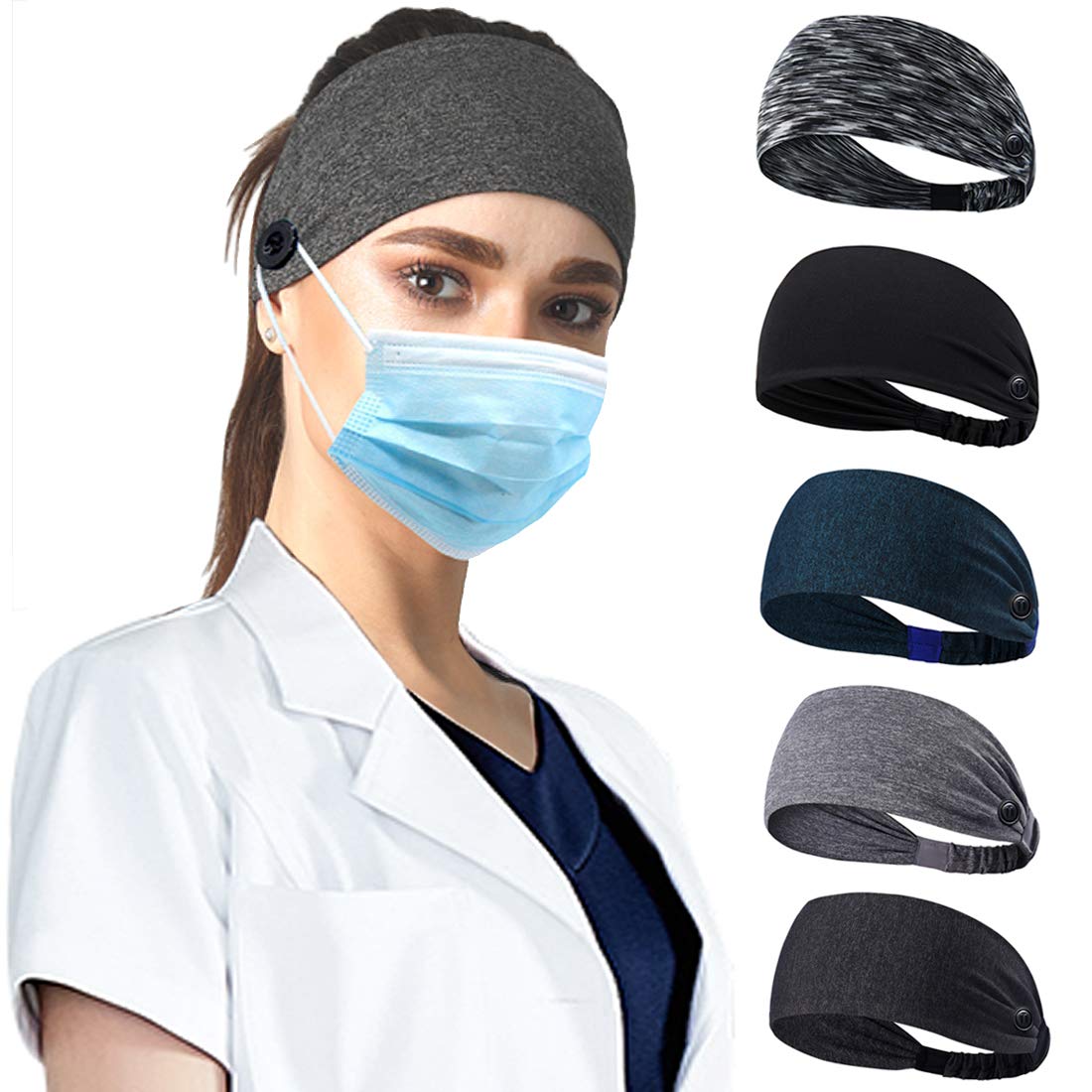 Ehfswrr Headbands With Button for Mask, Nurse Headband for Women and Men Yoga Sports Width Workout Turban Non Slip Heawrap for Doctors, Protect Your Ears 5 pack : Beauty
