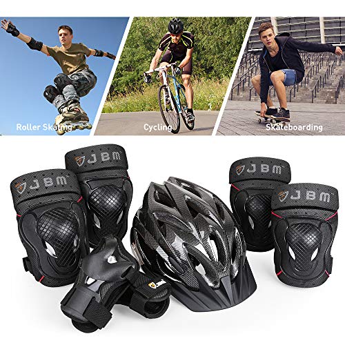 JBM 7 Pieces Protective Gear Set - Bike Helmet for Adult Knee&Elbow Pads and Wrist Guards, Adjustable Cycling Helmet with Visor Safety Pad Set Outdoor Sports Protective Gear Set (Black, Adult)