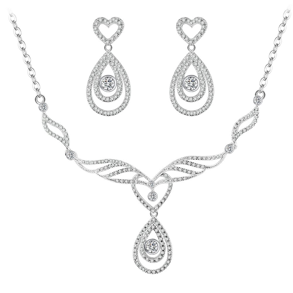 BiBeary Women Elegant Zirconia Heart Noble Angel Wind Tear Drop Wedding Pendant Earring Necklace Jewellery Set