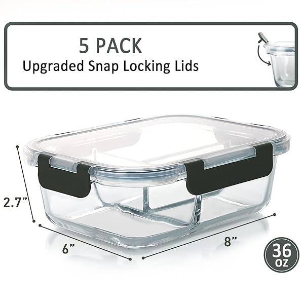M MCIRCO [5-PACK, 36 OZ] GLASS MEAL PREP CONTAINERS 3 COMPARTMENT WITH LIDS, GLASS LUNCH CONTAINERS,FOOD PREP LUNCH BOX,BENTO BOX,MICROWAVE, OVEN, FREEZER, DISHWASHER (4.5 CUPS)