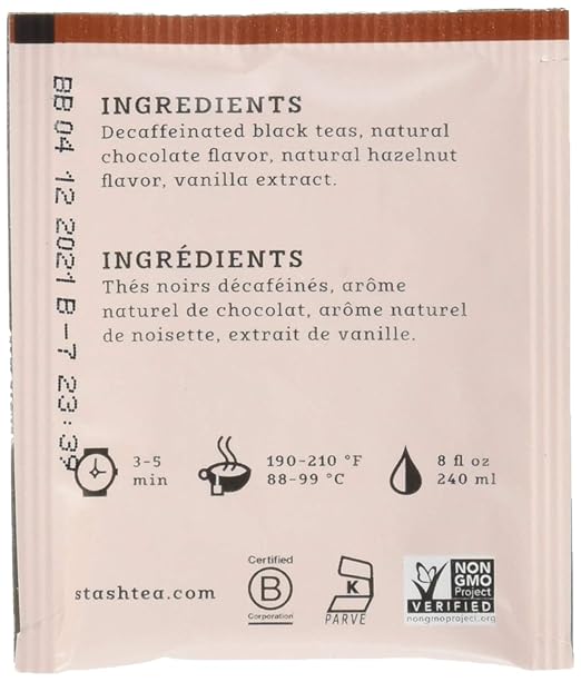 Stash Tea Decaf Chocolate Hazelnut Black Tea 100 Count Box Of Tea Bags In Foil