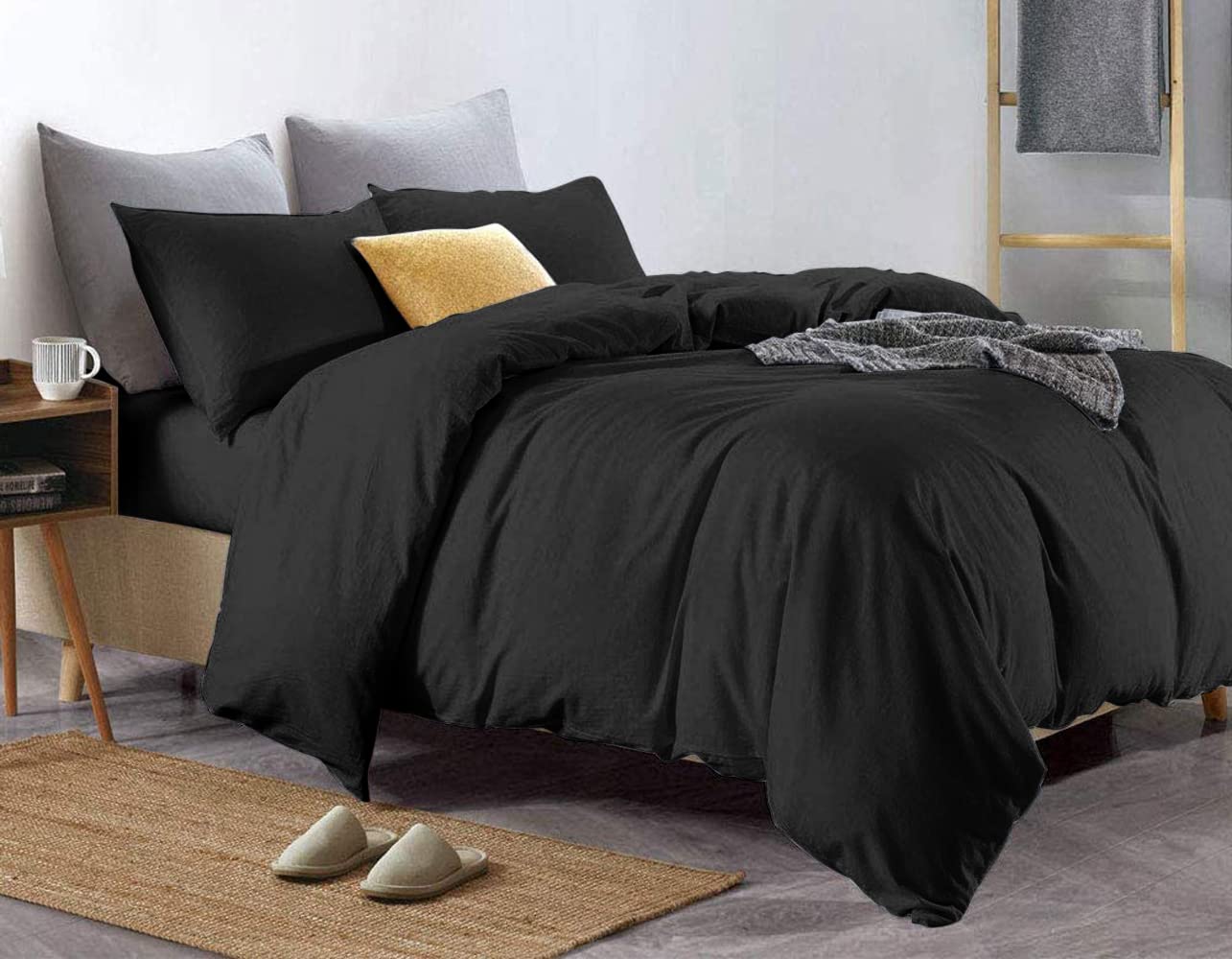 Euphoric Gifts 100% Pure Cotton (Egyptian Cotton) SINGLE Duvet Cover Bed Set in Plain Black – includes duvet cover, fitted sheet & pillowcases