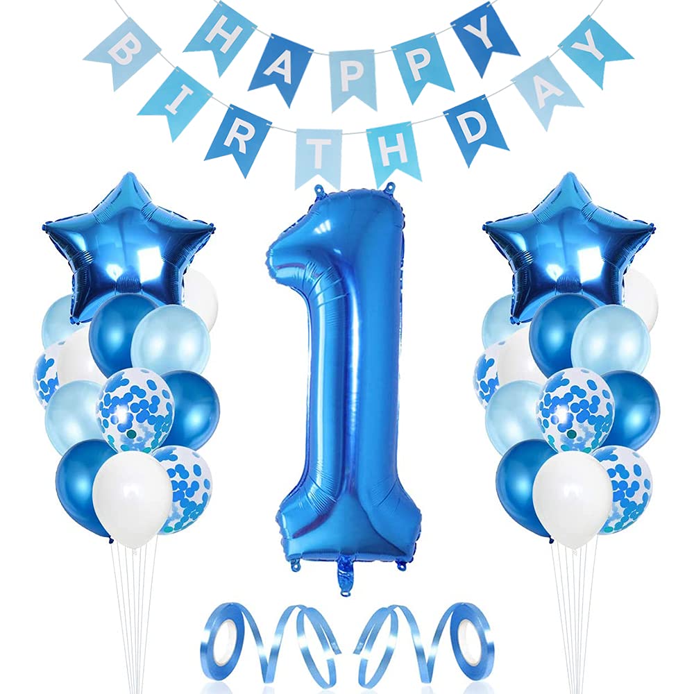 Unisun Boys' 1st Birthday Decorations - Blue & White Balloons, Banner, Star Foil Balloons & 40 Inch Number 1 for Baby Shower