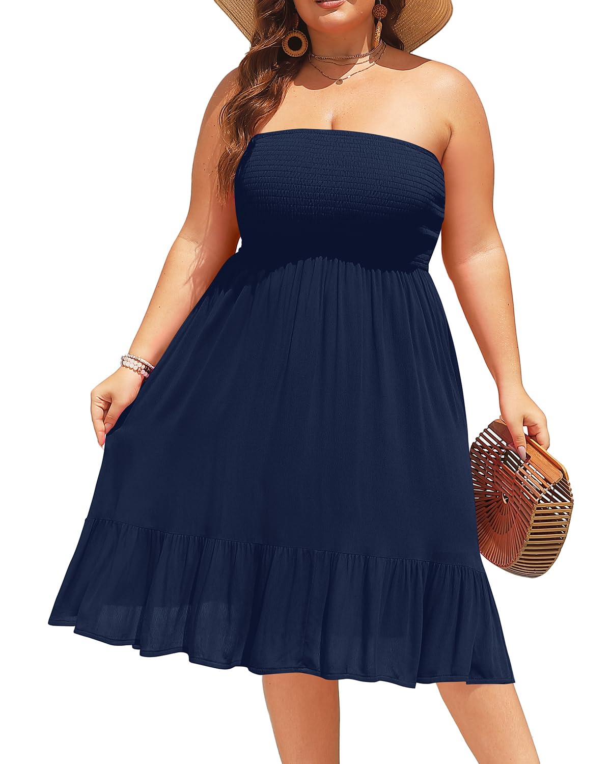 Photo 1 of Holipick Plus Size Navy Blue Dress Summer Strapless Tube Top Sundress Casual Beach Swimsuit Cover Up Swimwear Boho Midi Dress  / M 