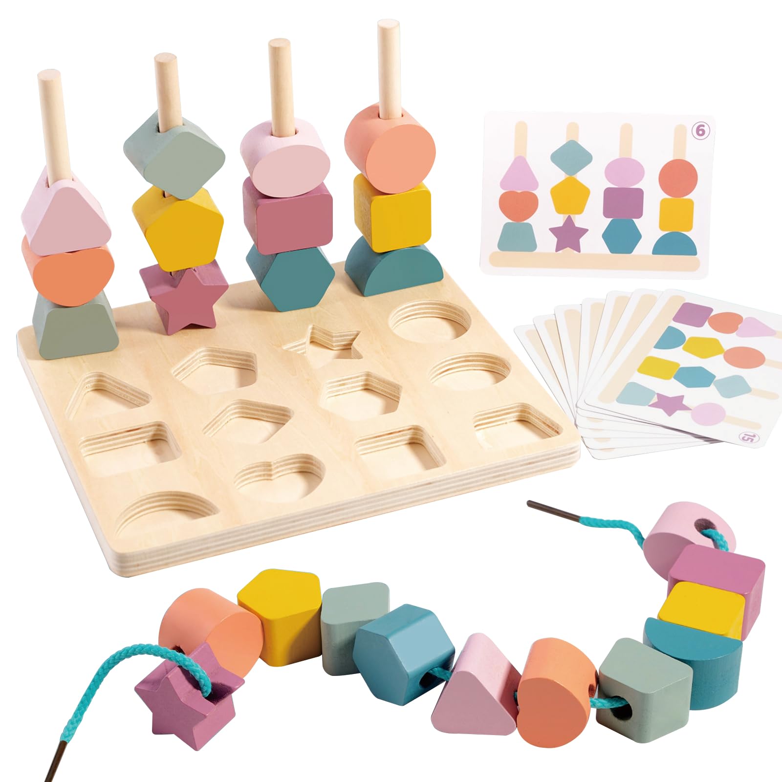 KUKUTrueยฎ Montessori Toy for 2 3 4 5 Years, Wooden Stacking Toys, Threading Toys, Fine Motor Skills Toys for 2 Year Old, Educational Toys for 2โ3 Year Olds, Gift for Boys Aged 2โ5 Years