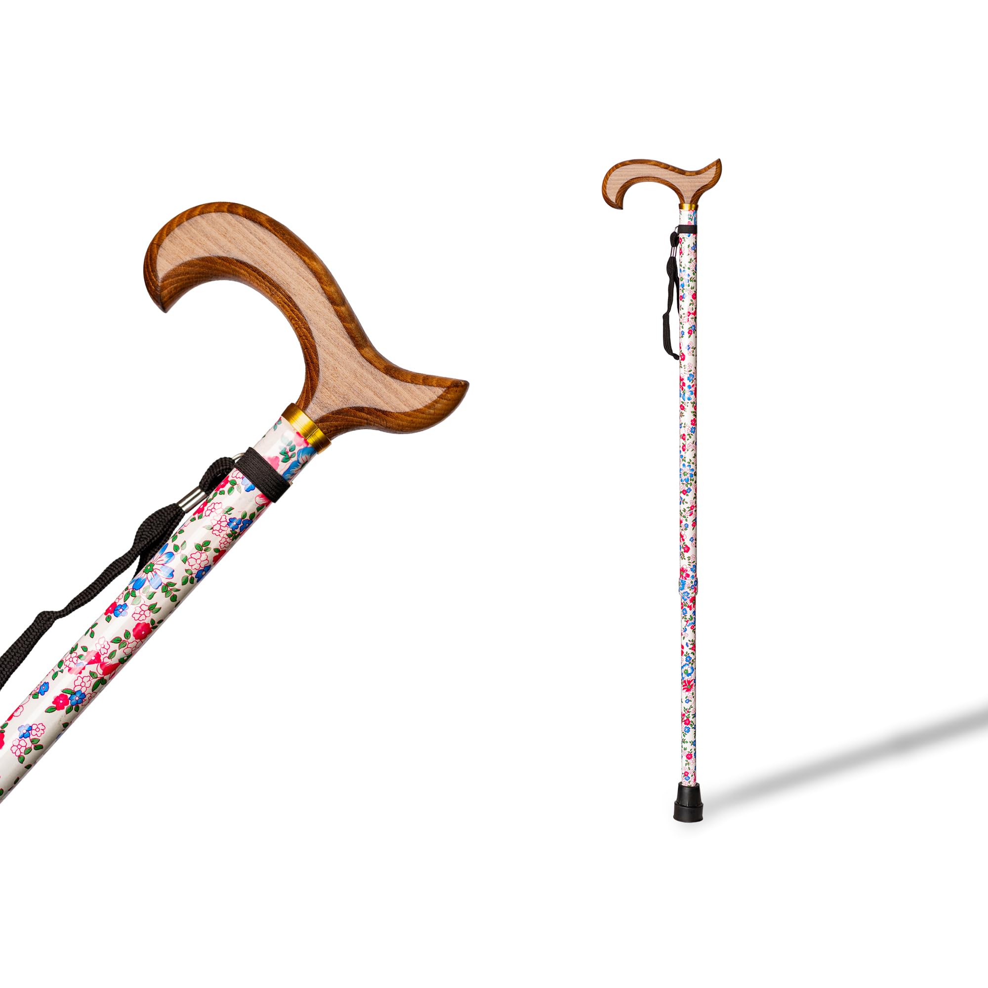 Extendable Aluminium Pole Height Adjustable (74-95cm) with Blown Wood Handle, Non-Slip Ferrule and Floral Finish - Crutch Stick for Support and Walking Aid