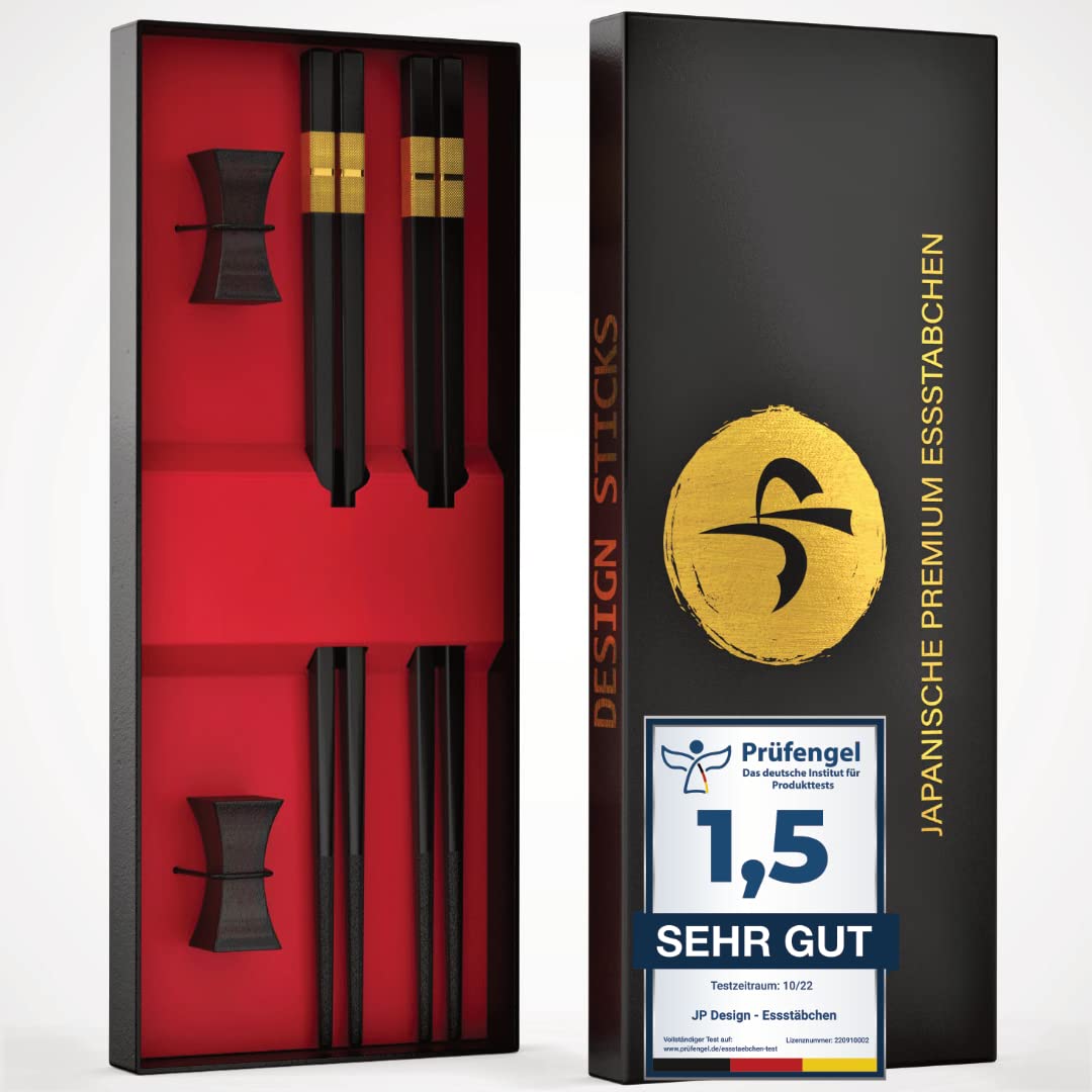 JP Design Set of 2 Japanese Premium Chopsticks Couple Set Chopsticks in an Elegant Black Gift Box - Sustainable Fibreglass Chopsticks + E-Book with Great Sushi Recipes