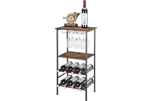 NANANARDOSO Wine Rack, Wine Table with GlassBottle Holder, Wine Holder Stand with Metal and Wood for Home, Floor Liquor Wine Cabinet Storage for Bar Kitchen Dining