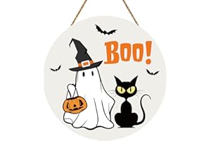 YUNKKIN Halloween Door Decorations Halloween Boo Sign Door Hanger Wooden Ghost Black Cat Door Sign Rustic Halloween Door Wreath Halloween Hanging Decor for Front Door Porch Wall Halloween Indoor Home Decor