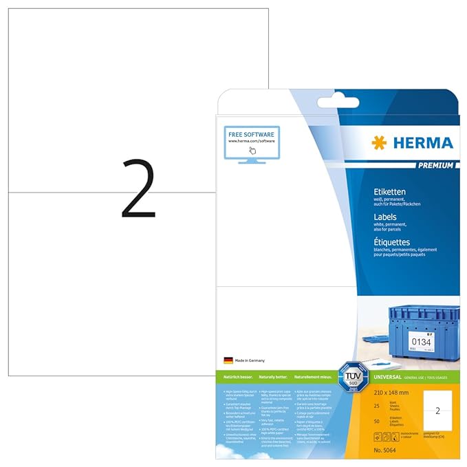 Herma 5064 Universal Etiketten (Format DIN A5 210 x 148 mm) weiß, 50 Klebeetiketten, 25 Blatt Premium A4 Papier matt, bedruck