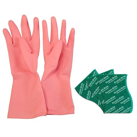 Scotch-Brite Kitchen Gloves Medium Pair (Pack of 1) and Scrub Pad Large (Pack of 3)