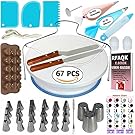67 pcs Cake Decorating Supplies Kit for Beginners-1 Turntable stand-24 Numbered Easy to use icing tips with pattern chart and E.Book-1 Cake Leveler-Straight and Angled Spatula-3 Russian Piping nozzles