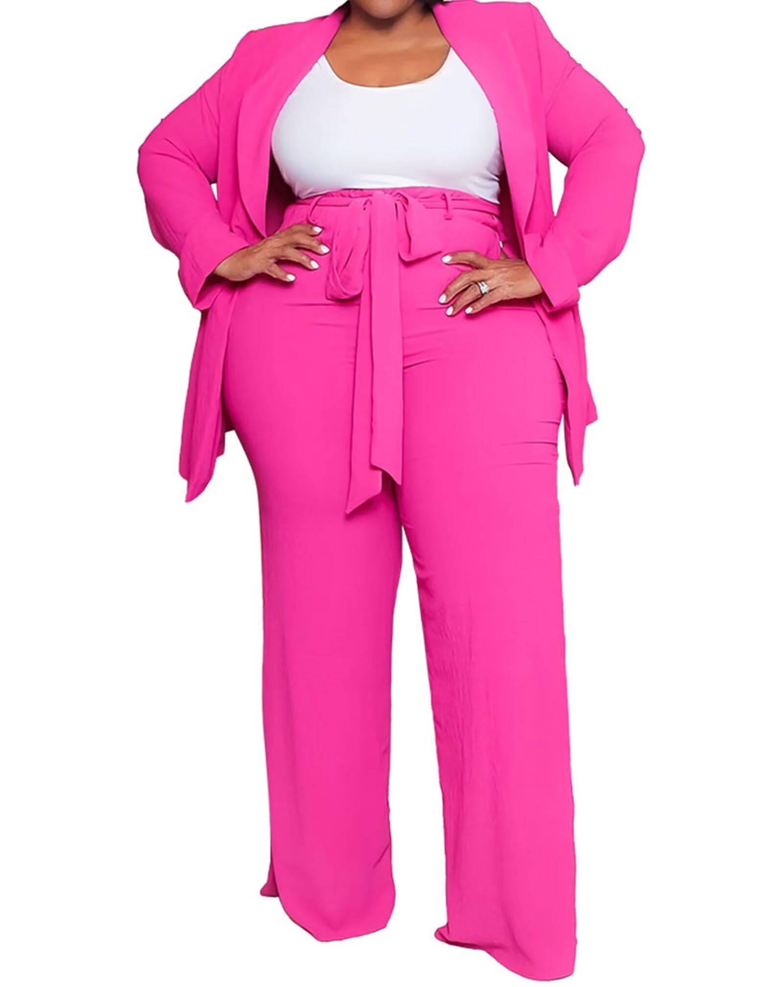 Photo 1 of IyMoo Women's Plus Size 2 Piece Outfit Casual Solid Open Front Blazer and Pencil Straight Leg Pant Suits SetRose Red 2X