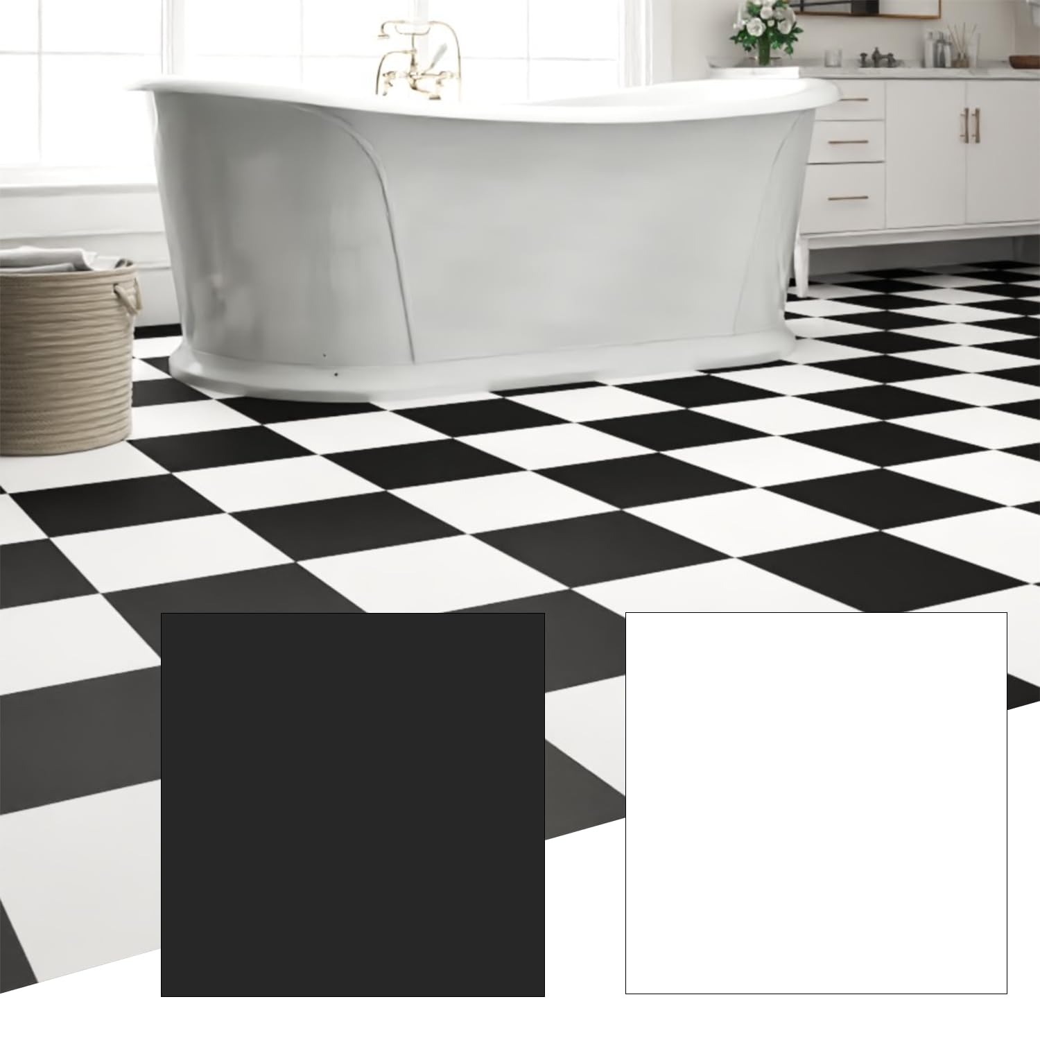 Photo 1 of ZRJT 20-Pack 20 Sq.Ft Peel and Stick Floor Tiles Vinyl Matte Pattern Flooring, 12” x 12” Self Adhesive Vinyl Flooring DIY for Renter Kitchen, Bathroom, Laundry, Pure Black&Pure White