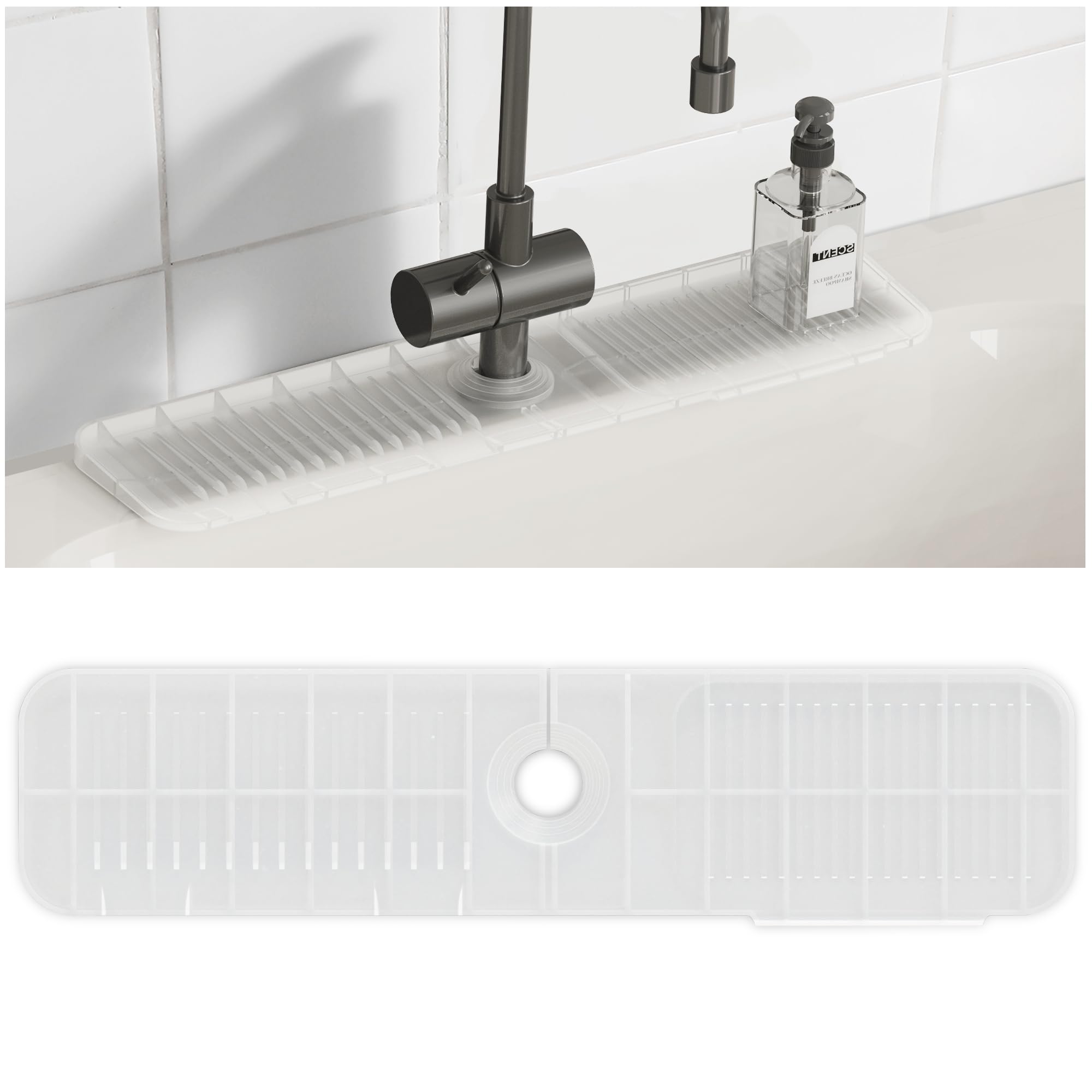 Photo 1 of Sink Splash Guard with 5° Bevel 24X5.9 Inch Large Size Kitchen Sink Accessories - Clear Silicone Sink Mat with Drip Tray, Sponge Holder and Soap Dish 3 in 1 for Kitchen Bathroom Open Sink