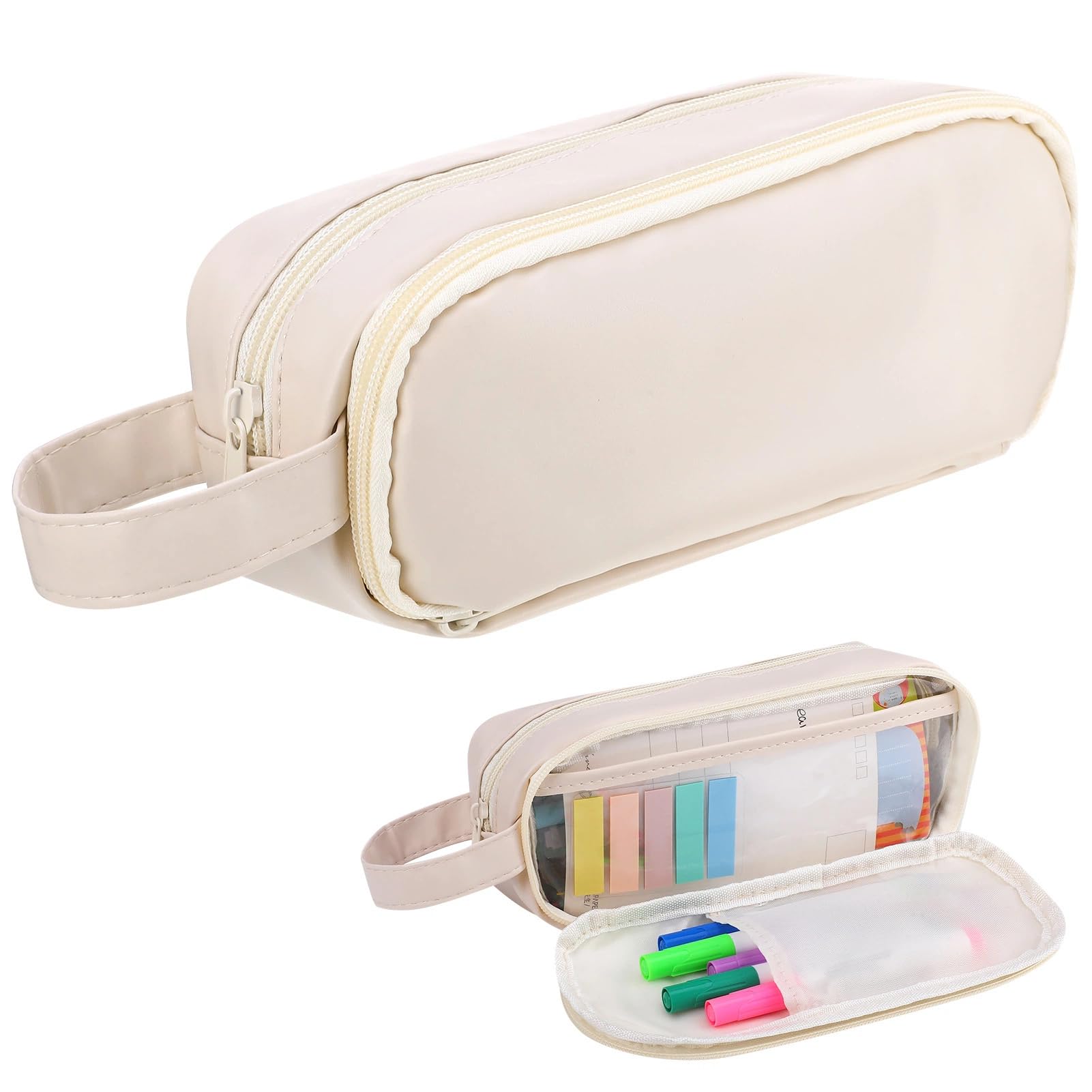 umorismo Big Capacity Pencil Case with Sticky Note Aesthetic Pencil Pouch with Compartments Expandable Pen Cases with Zipper School Stationery Organizer for Girls Women(Beige)
