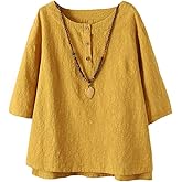 Minibee Women's 3/4 Sleeve Cotton Linen Jacquard Blouses Top T-Shirt