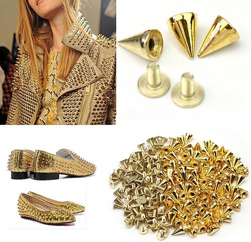 LIPOVOLT 100Pcs Gold Metal Studs Rivet Bullet Spike Cone Screw For Leather Craft