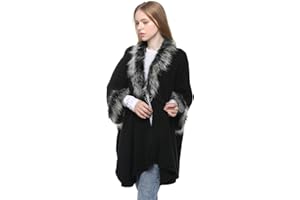 Belle Dame Women’s Faux Fur Trim Poncho Cape Cloak Jacquard Poncho Shawl Furry Collar Poncho Cardigan Wrap