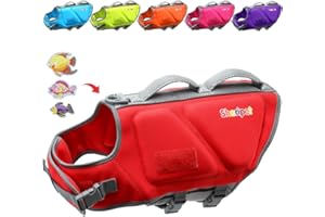 Sheripet Dog Life Jacket for Large Dogs, Dog Life Vest for Swimming with Three Fashion Fabric Patches，Dog Life Jacket with Reflective Stripes and Two Rescue Handle, Dog Flotation Vest, L