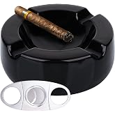 Large Ceramic Cigar Ashtray - 8.5 Inch Black Glossy for Indoor, Outdoor, Patio, Home, Office Use - Accessories Ash Tray Luxury Gift Set for Men and Women