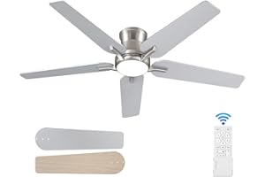 POCHFAN 52 Inch Ceiling Fans with Lights and Remote, Brushed Nickel Flush Mount Low Profile Ceiling Fan for Bedroom, Living Room, Patio, Dimmable 6 Speeds Noiseless, ETL Listed