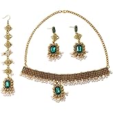 Bohemian Geometric Rhinestone Pearls Tassel Choker Necklace Earrings Maang Tikka 3PCS Ethnic Indian Set Oxidized Antique Gold Traditional Retro Bollywood Statement Wedding Bridal Jewelry for Women