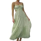 ebossy Women's Cut Out Ruffled Long Boho Dress Sexy Spaghetti Straps Open Back Flowy Sundress