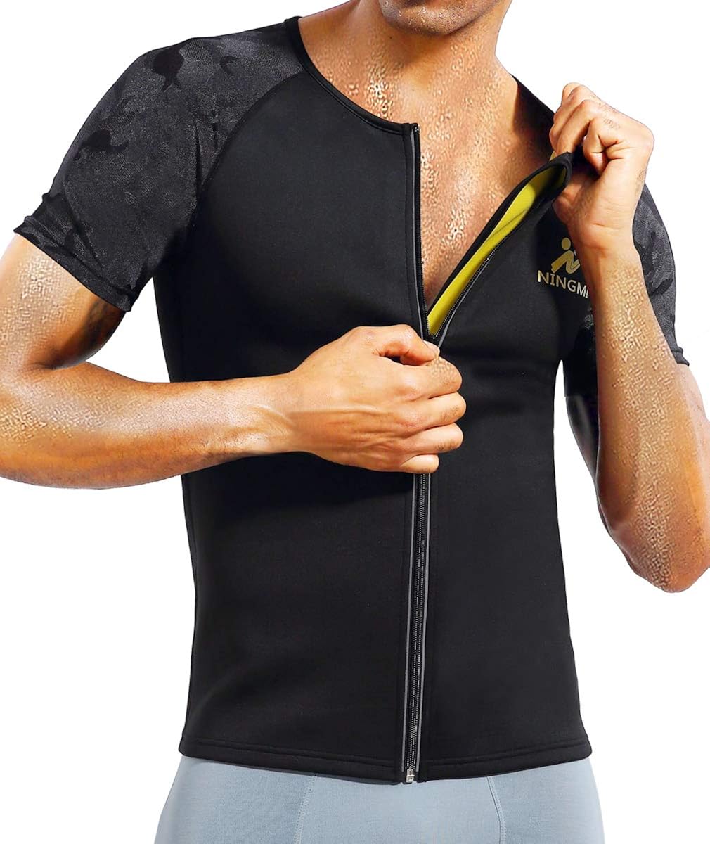 NINGMI Sauna Suit for Men Hot Sweat Suit Sauna Shirt Sweat Body Shaper Workout Neoprene Suit Zipper Short Sleeve: Clothing