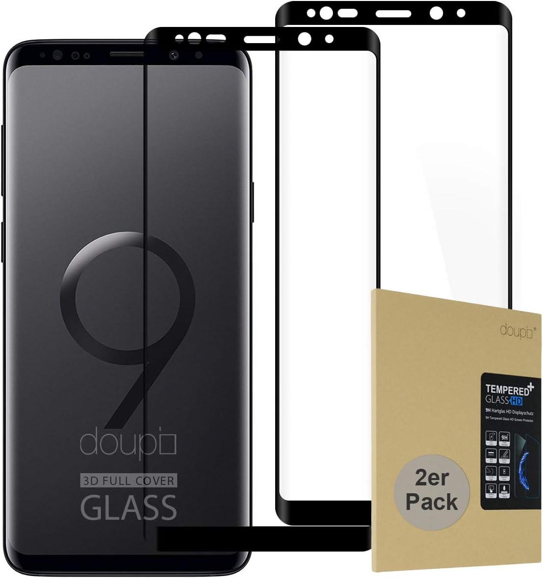 doupi 2X FullCover Screen Protector for Samsung Galaxy S9 Plus, Premium 9H HD Anti Scratch [3D Touch Supported] Tempered Glass Film, 2-Pack, black