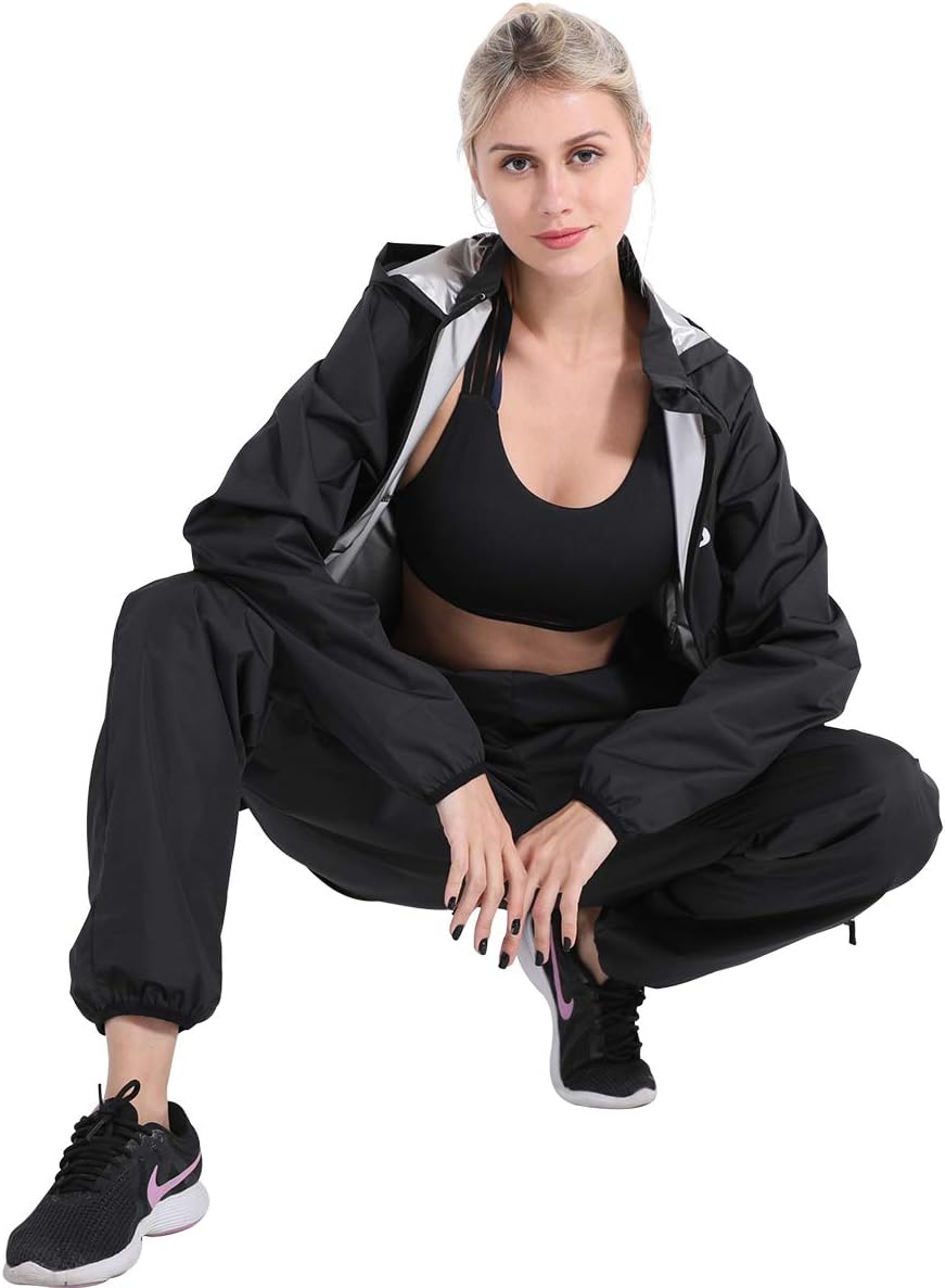 DNRZY F.I.T Sweat Sauna Suit Weight Loss for Men and Women, Long Sleeve Waterproof Black Workout Clothes Hooded Jacket Pants for Men and Women : Sports & Outdoors