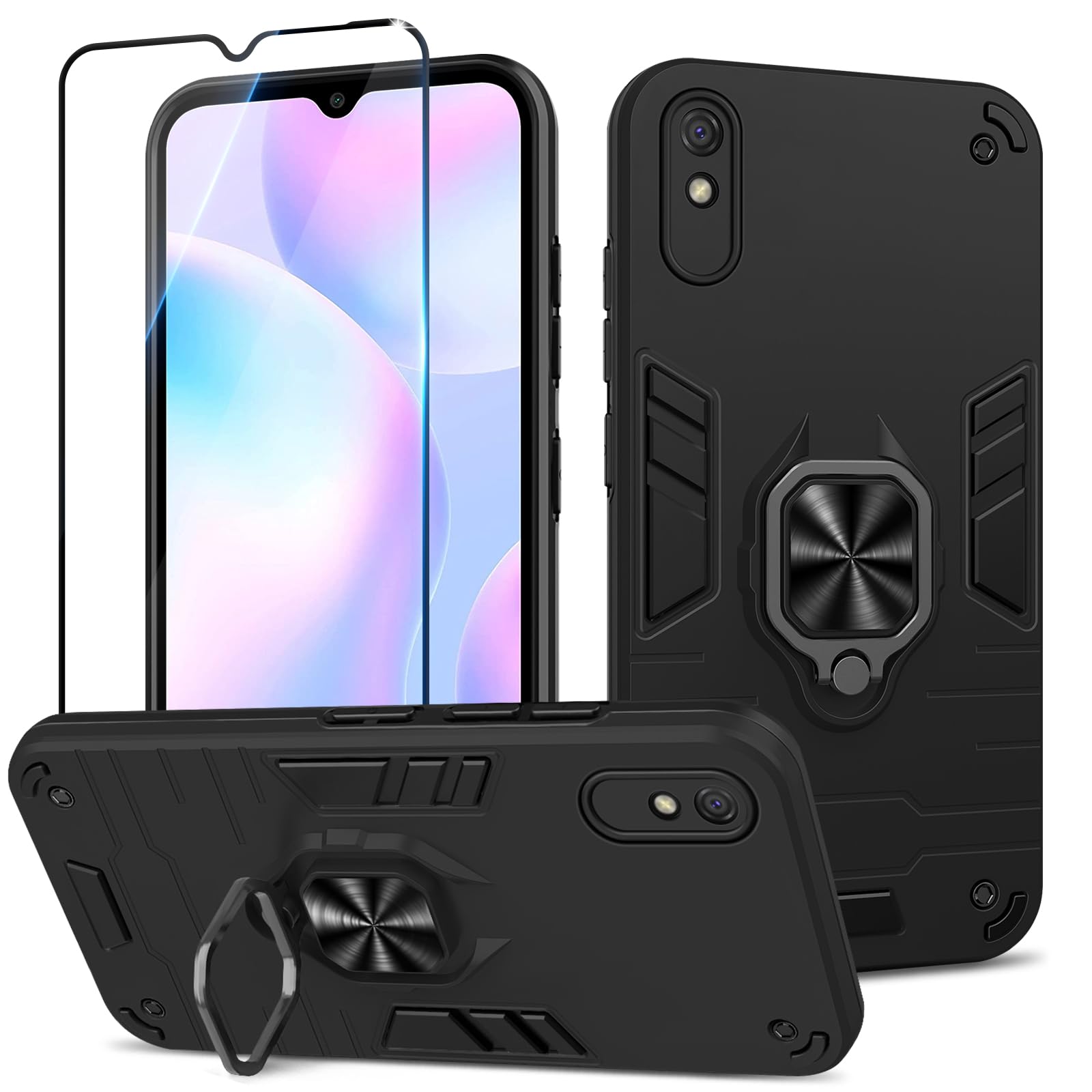 Btstring Case for Xiaomi Redmi 9A and Screen Protector Tempered Glass, Shockproof Phone Case with Stand, Heavy Duty Personalised Case Cover Support Magnetic Car Holder, Black