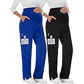 Sweetyweee 2 Pack Women's Maternity Scrubs Pants with 6 Pockets Pregnancy Workwear Stretchy Straight Leg Cargo Trousers