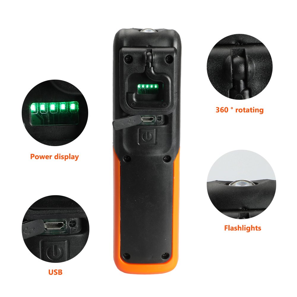 Three trees LED Cordless Work Light COB Rechargeable Portable Hand Held Work Lamp With Hanging Hook, Magnetic Holders, 1200mAh Charging, Multifunction Flashlight (orange)