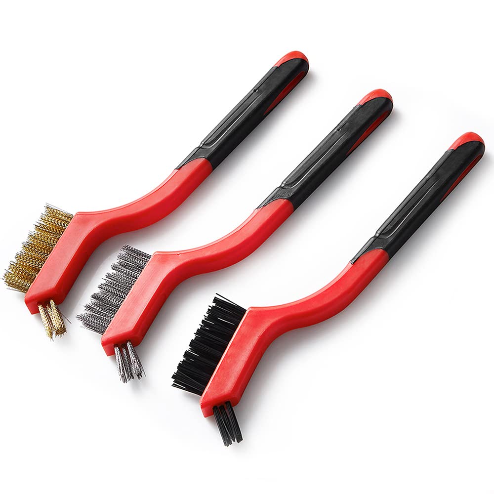Dekton 3PC Mini Wire Brush Set | Includes 3 Mini Wire Detailing Brushes | Brass Coated for Spark Plugs | Steel for Rust & Paint Removal | Nylon for Upholstery & Detailing | Versatile