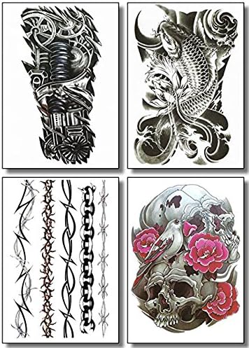 8 Sheets Large Size Tattoos Transfers For Guys Men Boys & Teens - Fake Stickers For Arms Shoulders Chest Back Legs Tribal Koi Fish Skull Owl Clock Tattoo For Halloween - Realistic Waterproof