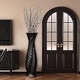 POPGRAT Tall Black Floor Vase 30 inches, Handmade Large Ceramic Vases for Home Decor Living Room, Feather Pattern Decorative Vases Wide Mouth Opening Corner Vase for Pampas Grass