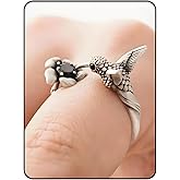 Hummingbird Ring For Women, Silver Vintage Bird Boho Western Adjustable Flower Wrap Ring Cute Animal Jewelry Black Stone Statement Jewelry Gift
