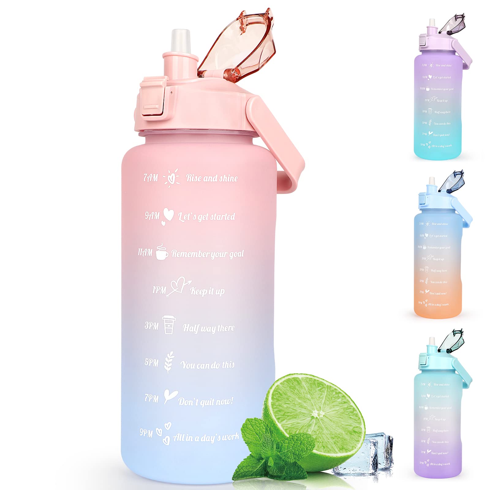 Water Bottle 2L BPA Free Sport Drinks Jug with Time Marking & Lock Cover, Leak Proof 2 Liters Water Bottle with Portable Handle, Pink Red Water Canteen Bottle