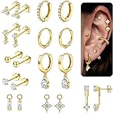 GraceWhisper 20pcs Hypoallergenic Flat Back Stud Earrings - 14K Gold Plated Surgical Stainless Steel Hoop Cartilage Earrings for Women with CZ Charm Earring Stacks Helix Conch Tragus Earring Sets for Multiple Piercing Jewelry