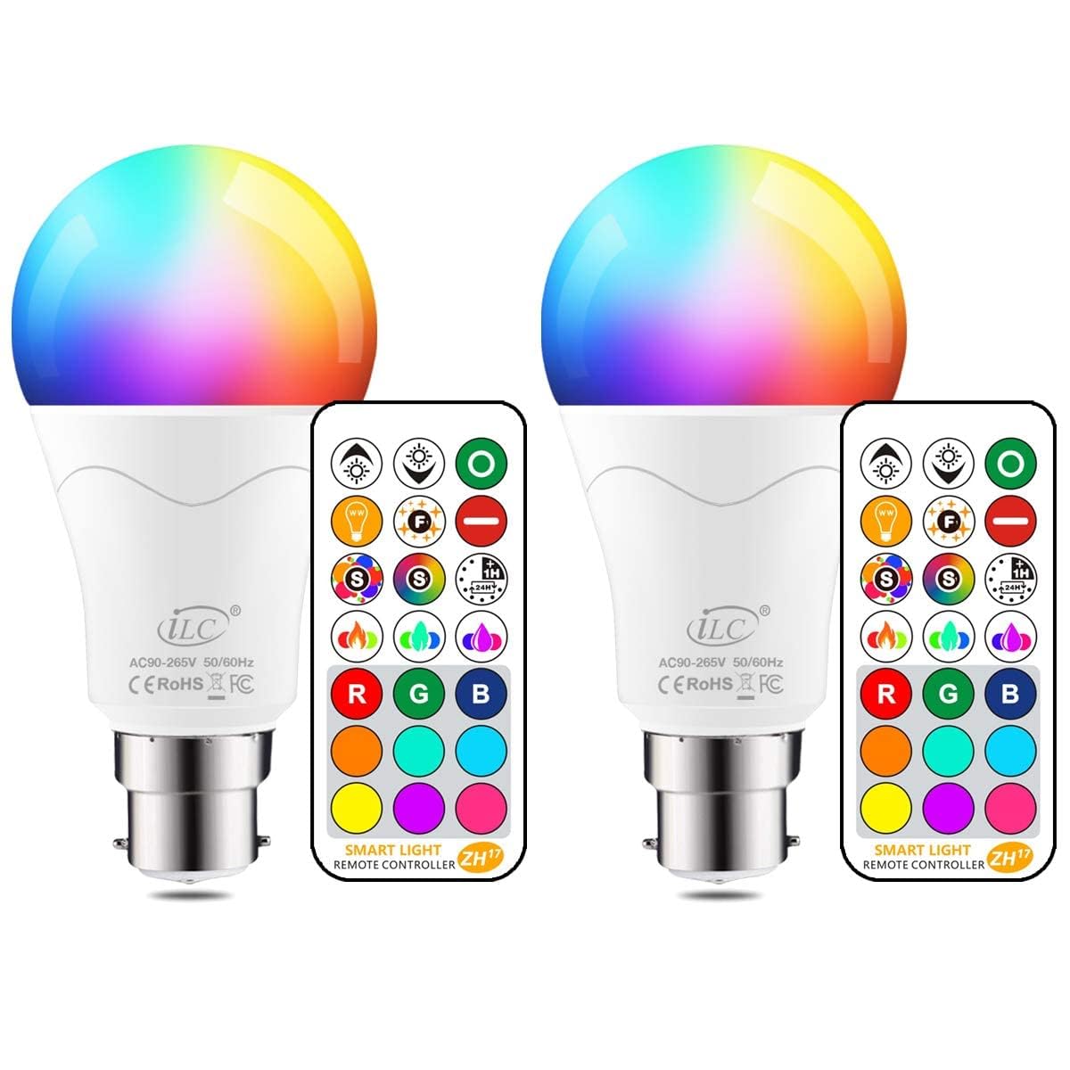 iLC 85W Equivalent Colour Changing Light Bulb 12W Bayonet B22 RGBW LED Color Bulbs, Mood RGB Warm White 2700K Coloured Dimmable, Remote Controller Included (2 Pack)